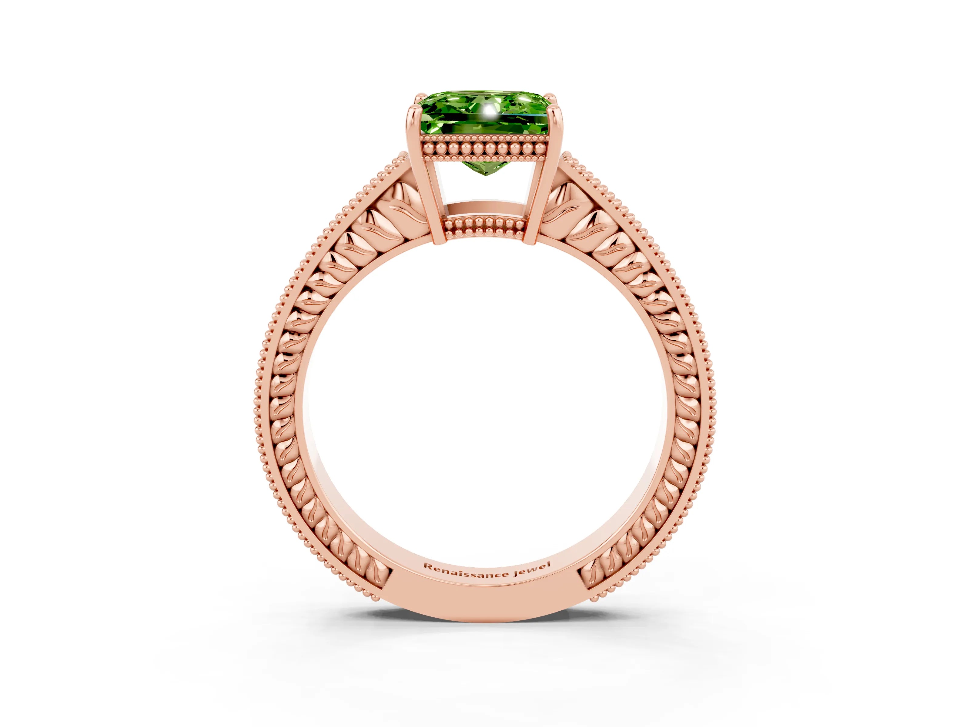 Rose gold Princess Cut Peridot Engagement Ring with Milgrain Channel Set Band and Prong Setting_3