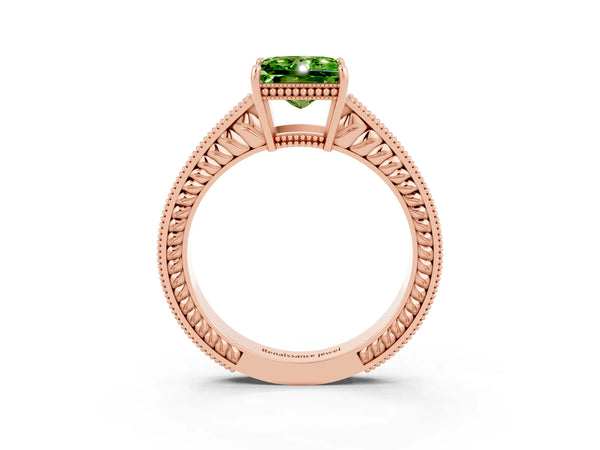 Rose gold Princess Cut Peridot Engagement Ring with Milgrain Channel Set Band and Prong Setting