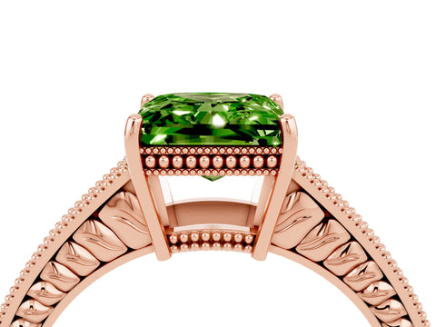 Rose gold Princess Cut Peridot Engagement Ring with Milgrain Channel Set Band and Prong Setting_4