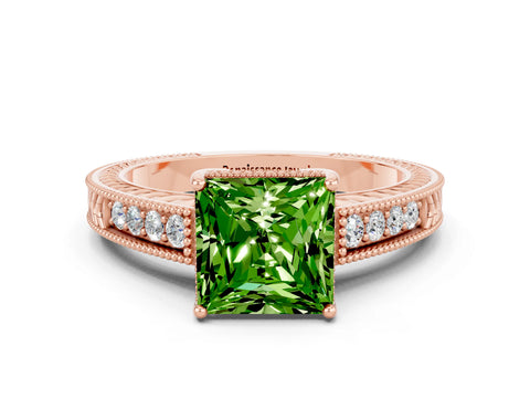 Rose gold Princess Cut Peridot Engagement Ring with Milgrain Channel Set Band and Prong Setting