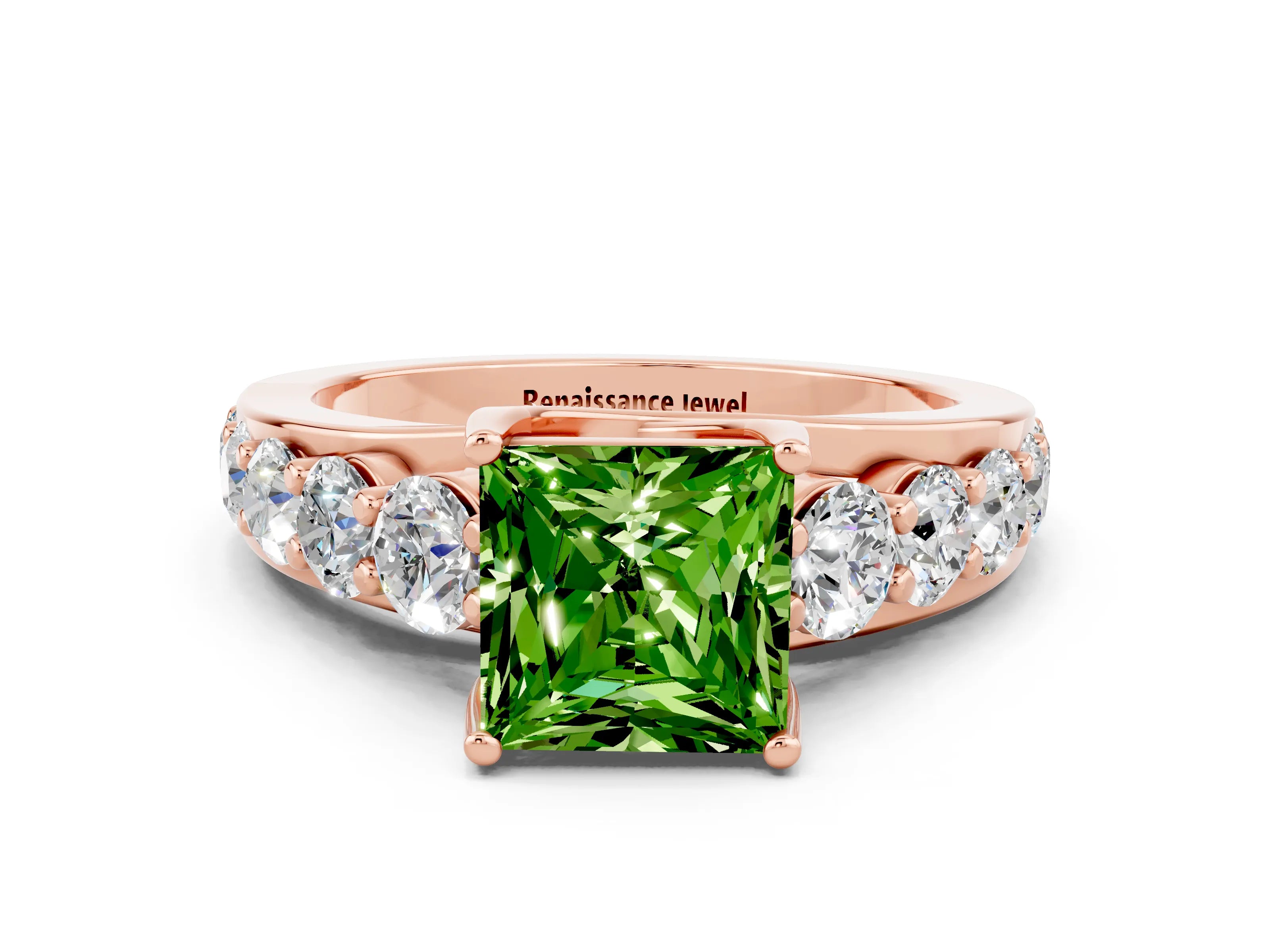 Rose gold Princess Cut Peridot Engagement Ring with Pavé Band and Four-Prong Setting