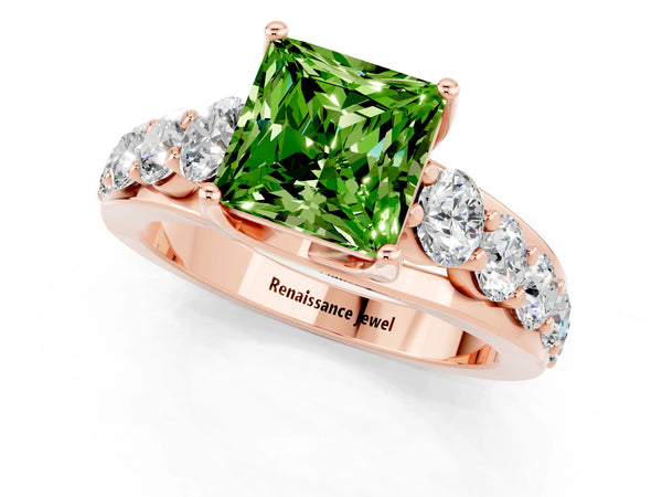 Rose gold Princess Cut Peridot Engagement Ring with Pavé Band and Four-Prong Setting