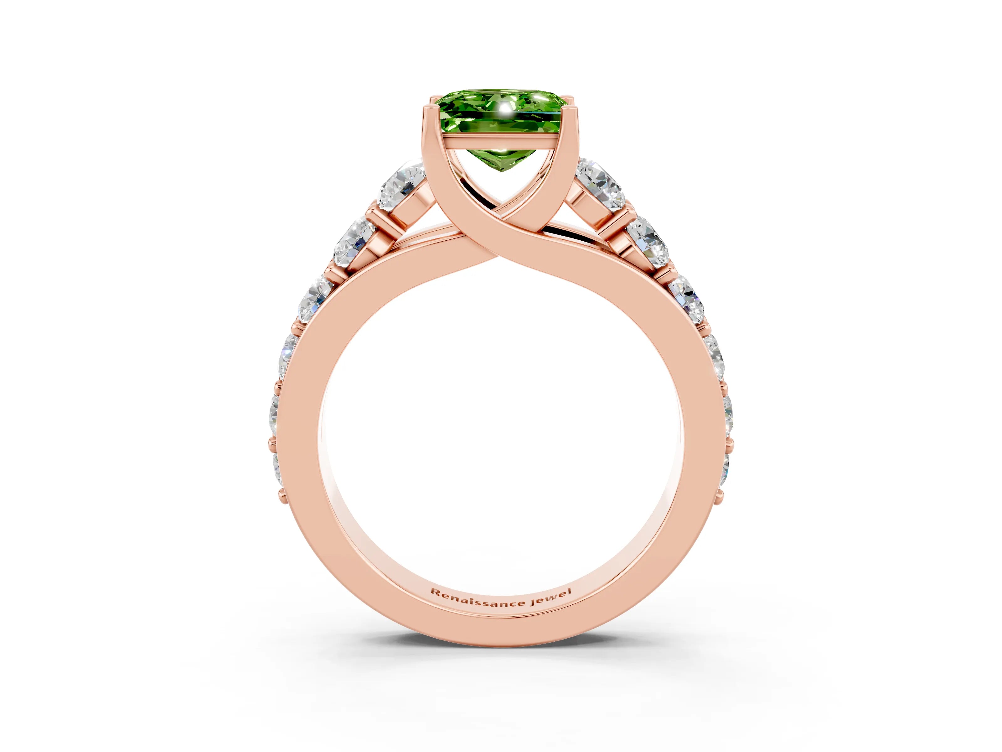 Rose gold Princess Cut Peridot Engagement Ring with Pavé Band and Four-Prong Setting_3