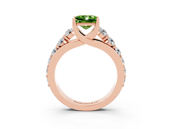 Rose gold Princess Cut Peridot Engagement Ring with Pavé Band and Four-Prong Setting