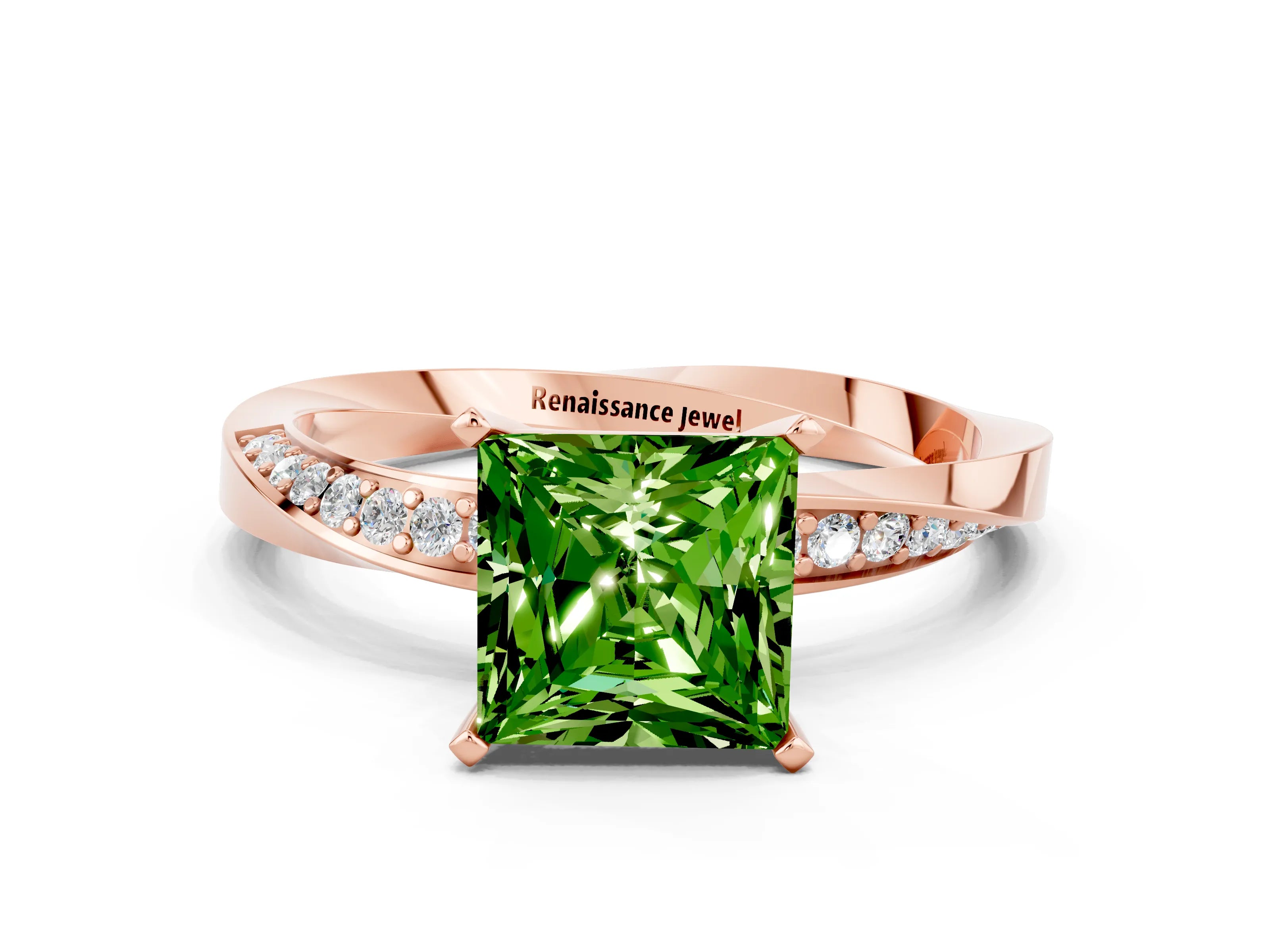 Rose gold Princess Cut Peridot Engagement Ring with Side Stone Accents and Four-Prong Setting_27