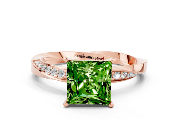 Rose gold Princess Cut Peridot Engagement Ring with Side Stone Accents and Four-Prong Setting