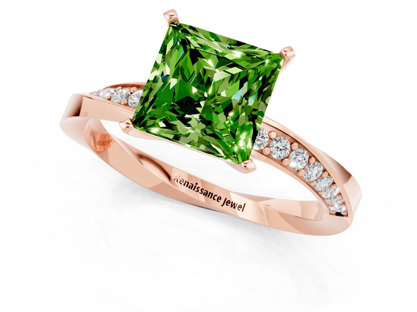 Rose gold Princess Cut Peridot Engagement Ring with Side Stone Accents and Four-Prong Setting