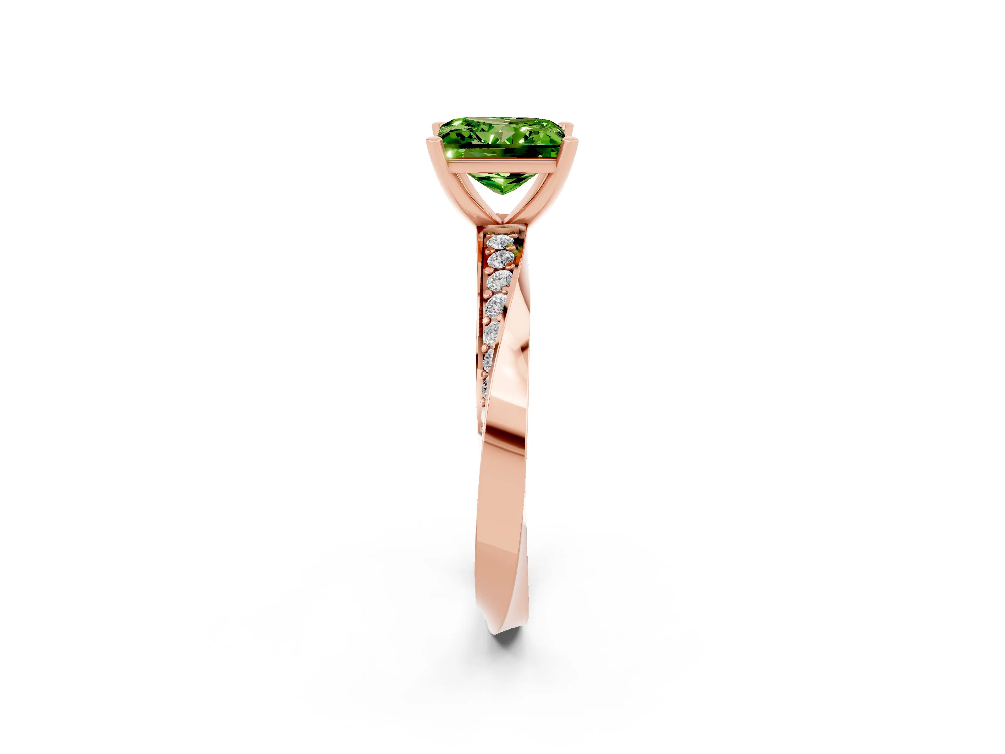 Rose gold Princess Cut Peridot Engagement Ring with Side Stone Accents and Four-Prong Setting_29