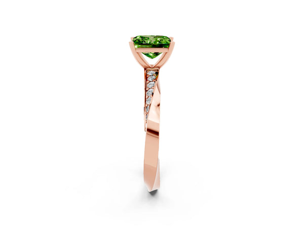Rose gold Princess Cut Peridot Engagement Ring with Side Stone Accents and Four-Prong Setting