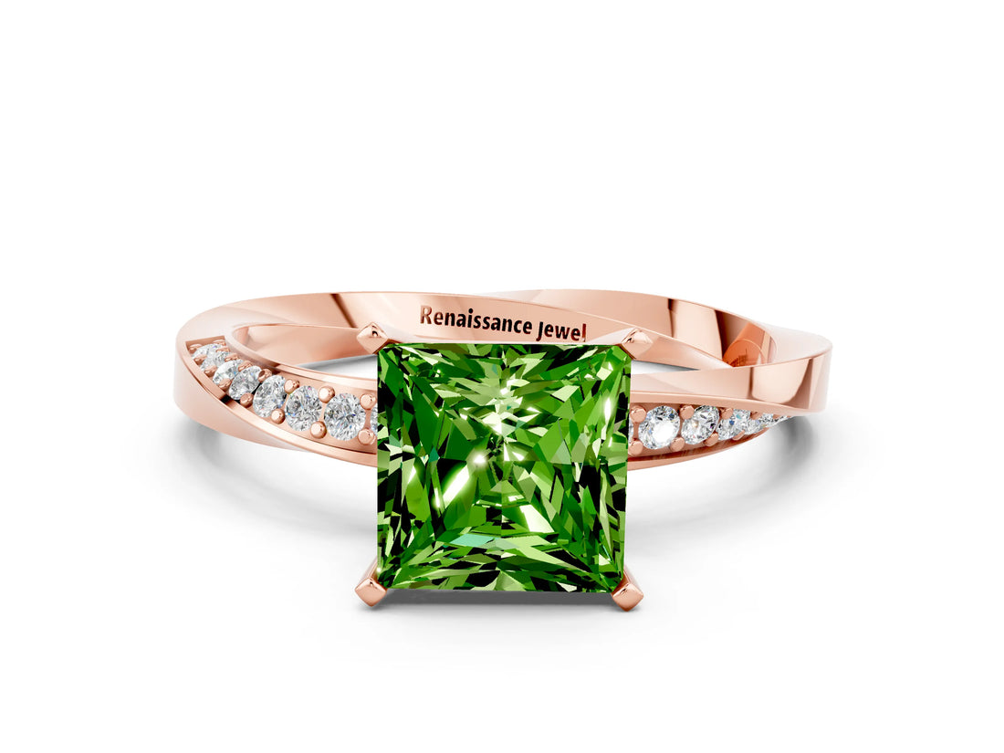 Rose gold Princess Cut Peridot Engagement Ring with Side Stone Accents and Four-Prong Setting_60