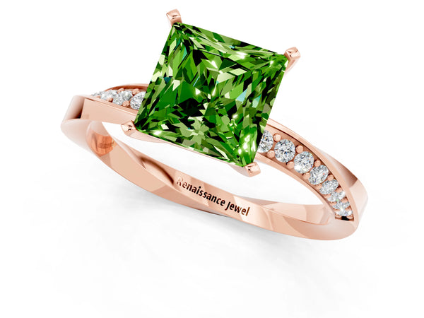 Rose gold Princess Cut Peridot Engagement Ring with Side Stone Accents and Four-Prong Setting