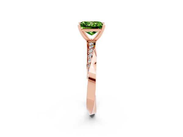 Rose gold Princess Cut Peridot Engagement Ring with Side Stone Accents and Four-Prong Setting