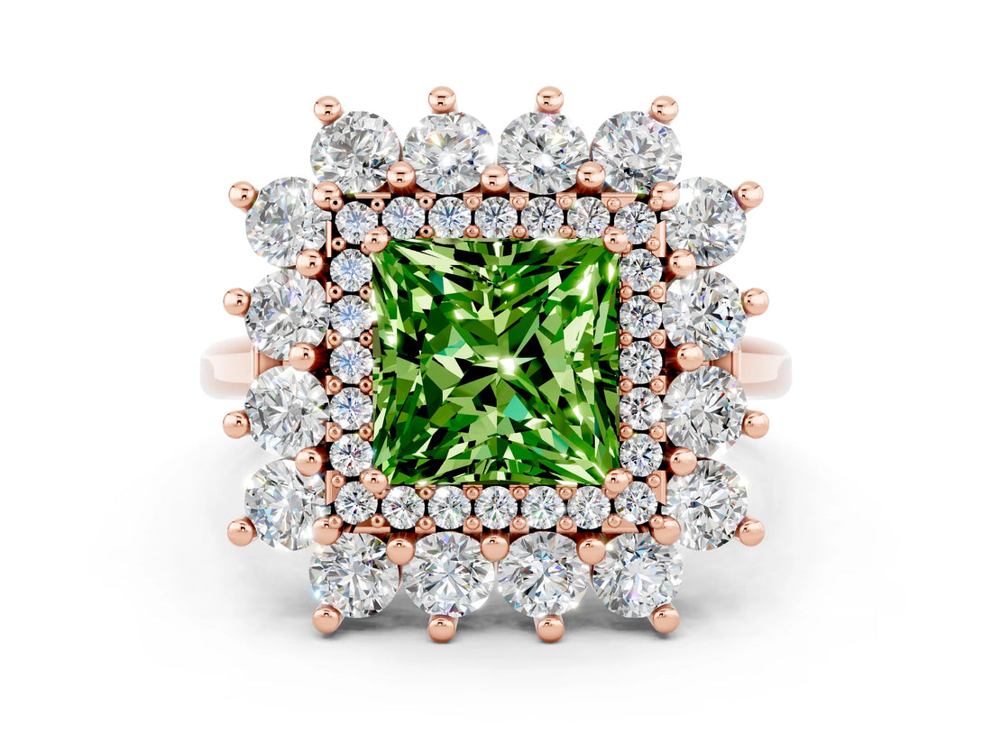 Rose gold Princess Cut Peridot Floral Double Halo Engagement Ring with Prong Setting_60