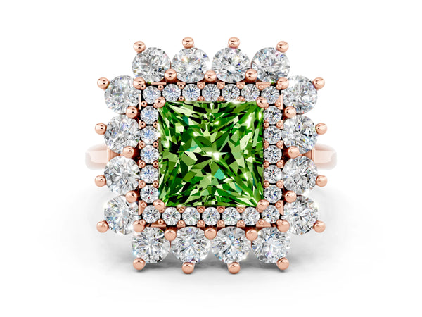 Rose gold Princess Cut Peridot Floral Double Halo Engagement Ring with Prong Setting