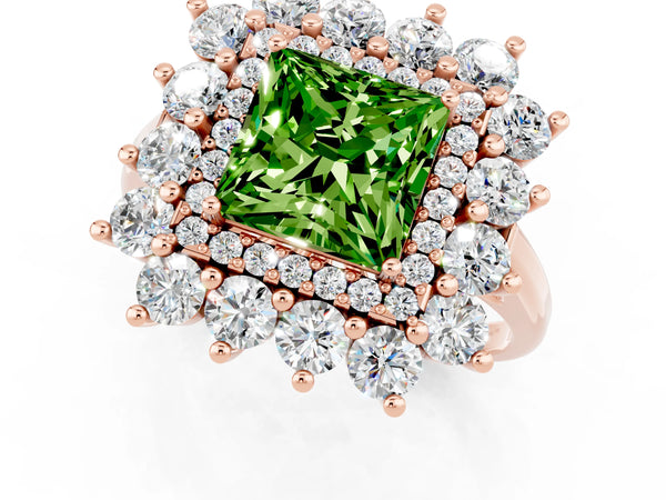 Rose gold Princess Cut Peridot Floral Double Halo Engagement Ring with Prong Setting