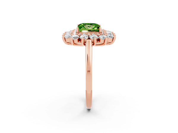 Rose gold Princess Cut Peridot Floral Double Halo Engagement Ring with Prong Setting