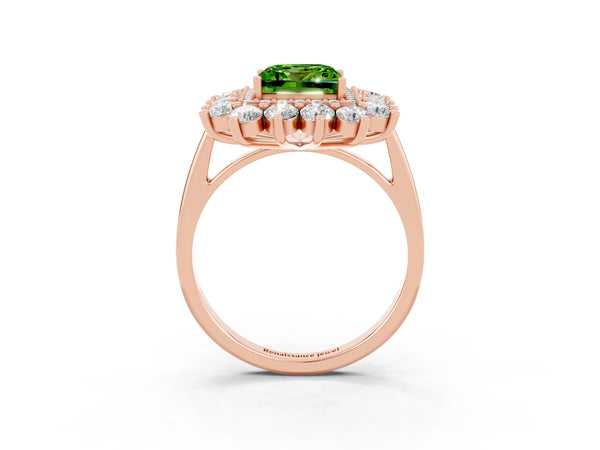 Rose gold Princess Cut Peridot Floral Double Halo Engagement Ring with Prong Setting