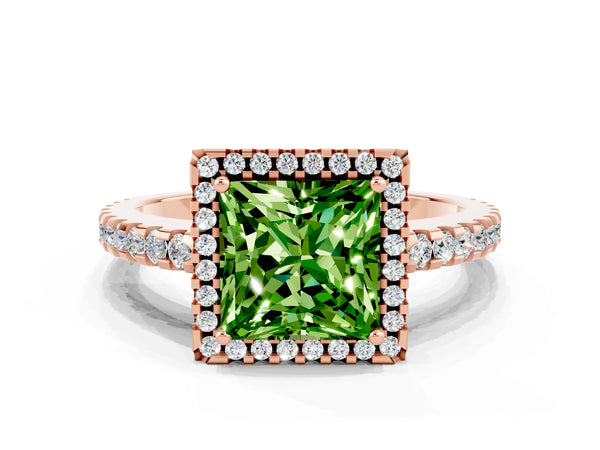 Rose gold Princess Cut Peridot Halo Engagement Ring with Pavé Band and Prong Setting