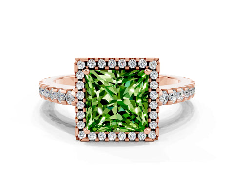 Rose gold Princess Cut Peridot Halo Engagement Ring with Pavé Band and Prong Setting_12