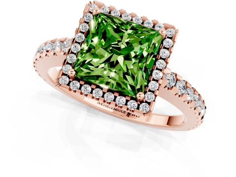 Rose gold Princess Cut Peridot Halo Engagement Ring with Pavé Band and Prong Setting_13