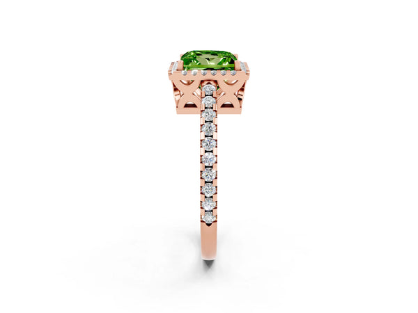 Rose gold Princess Cut Peridot Halo Engagement Ring with Pavé Band and Prong Setting