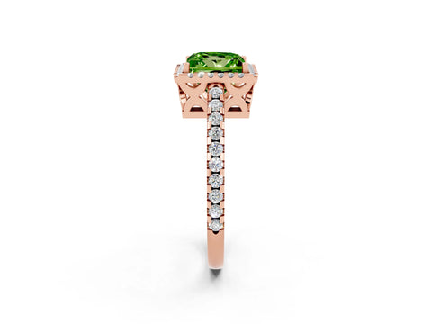 Rose gold Princess Cut Peridot Halo Engagement Ring with Pavé Band and Prong Setting_14