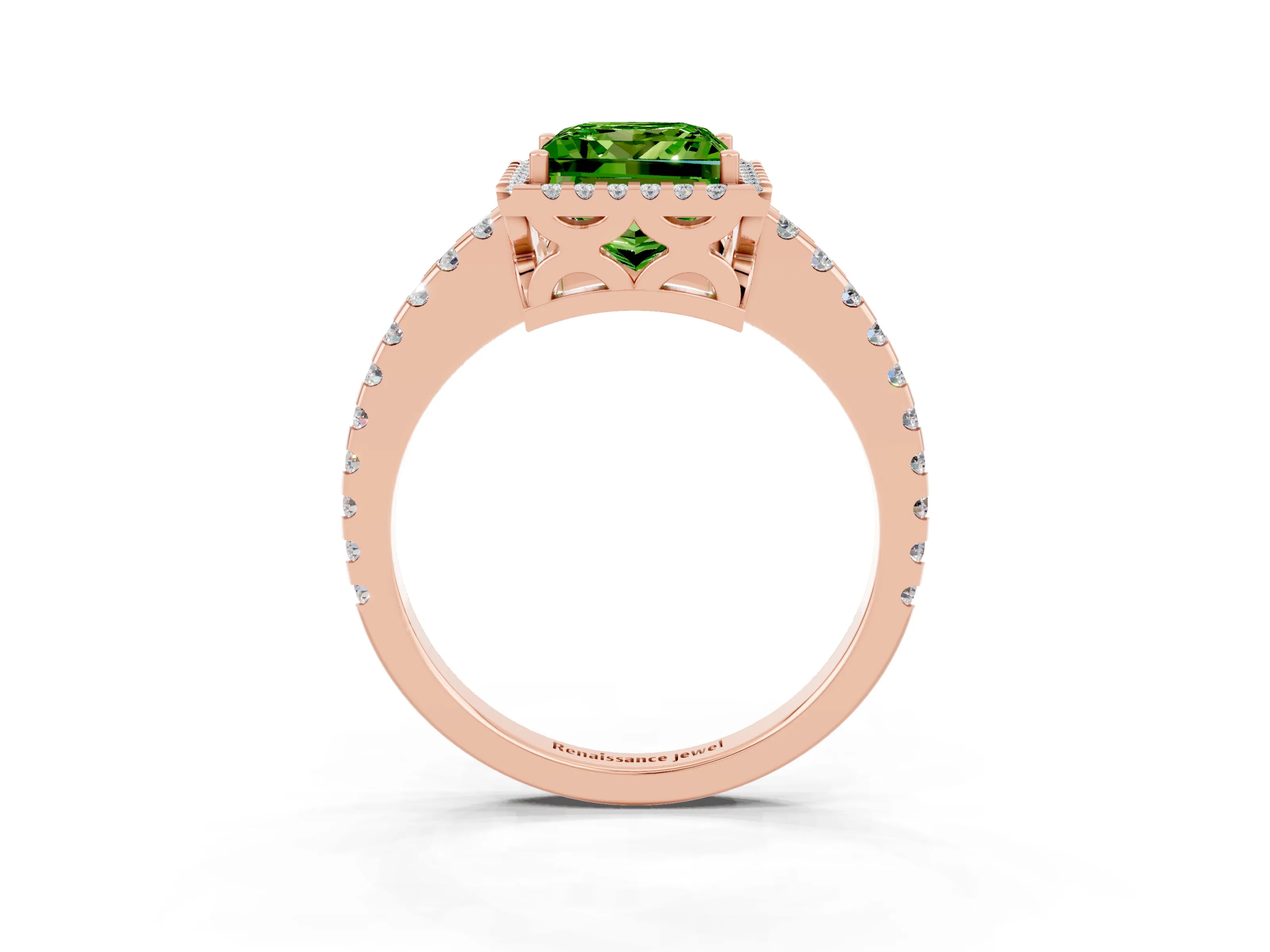 Rose gold Princess Cut Peridot Halo Engagement Ring with Pavé Band and Prong Setting_15
