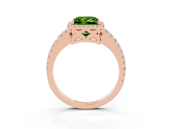 Rose gold Princess Cut Peridot Halo Engagement Ring with Pavé Band and Prong Setting