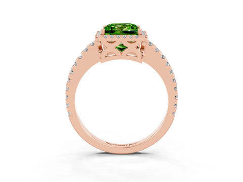 Rose gold Princess Cut Peridot Halo Engagement Ring with Pavé Band and Prong Setting_15