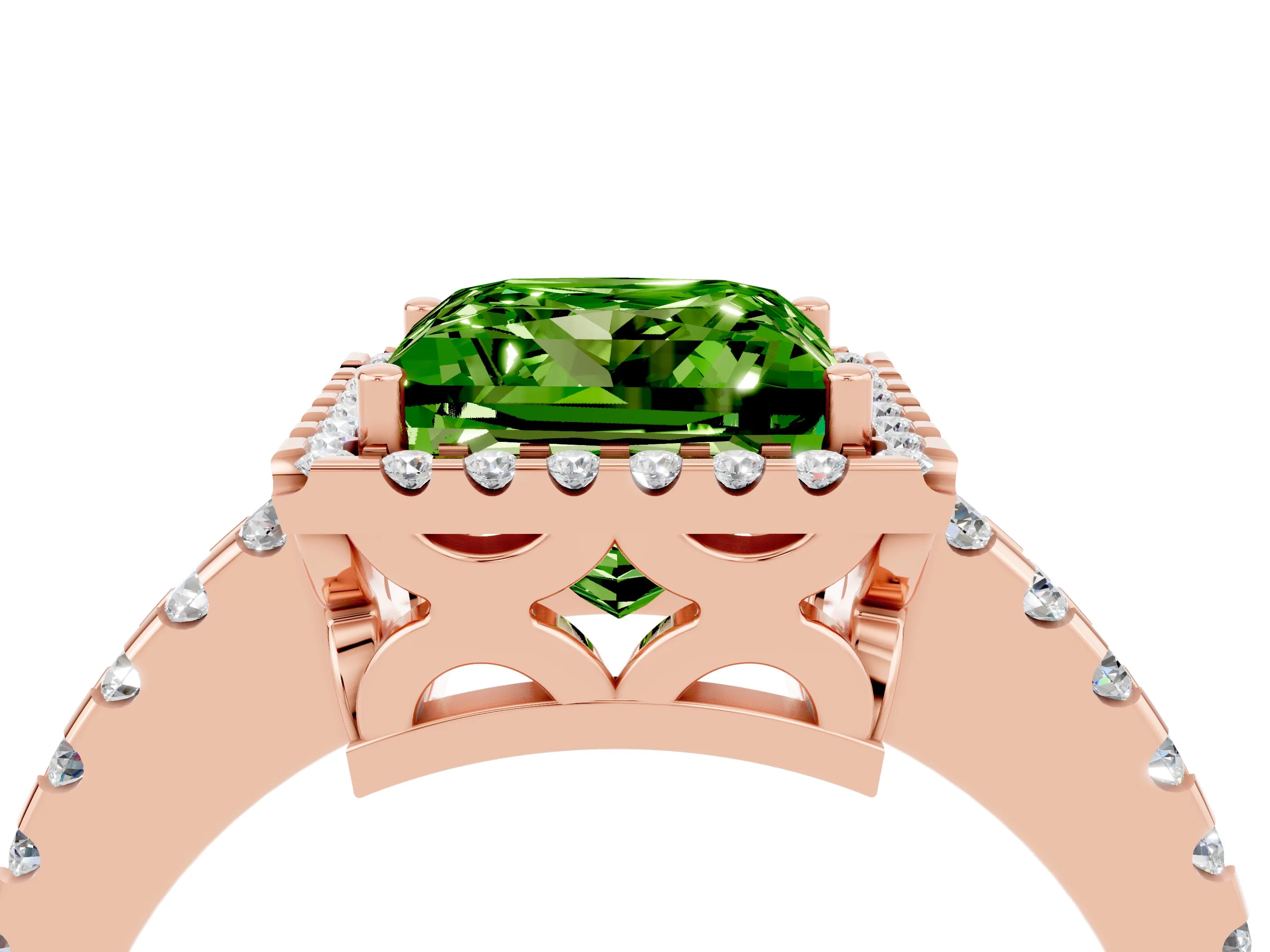 Rose gold Princess Cut Peridot Halo Engagement Ring with Pavé Band and Prong Setting_16