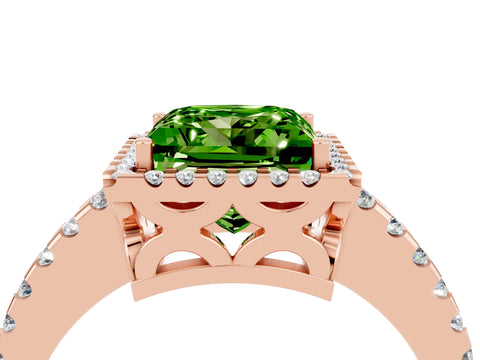 Rose gold Princess Cut Peridot Halo Engagement Ring with Pavé Band and Prong Setting_16