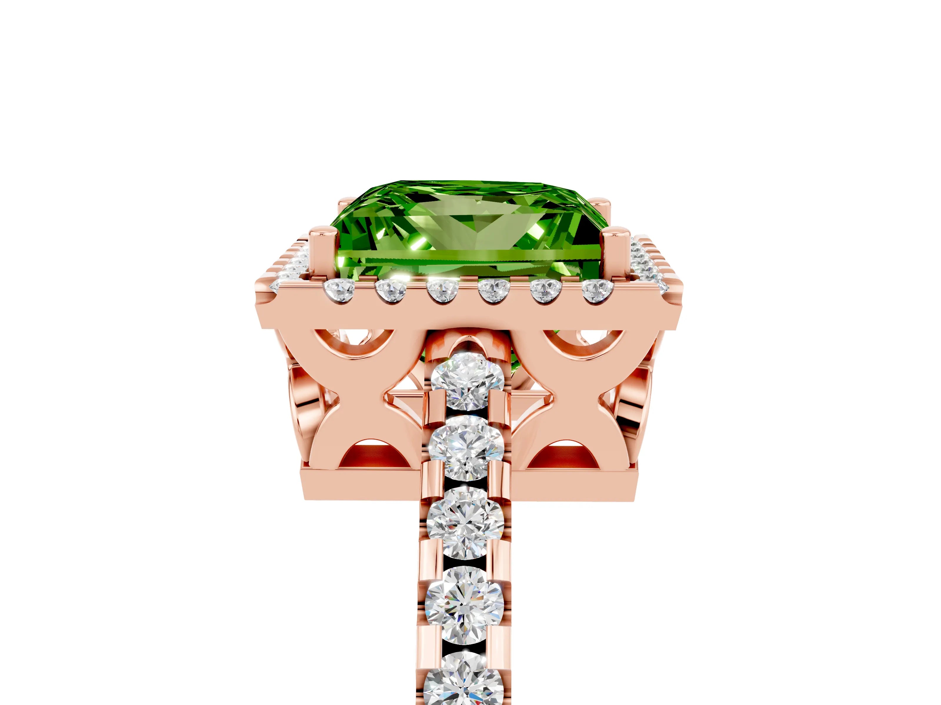 Rose gold Princess Cut Peridot Halo Engagement Ring with Pavé Band and Prong Setting_17