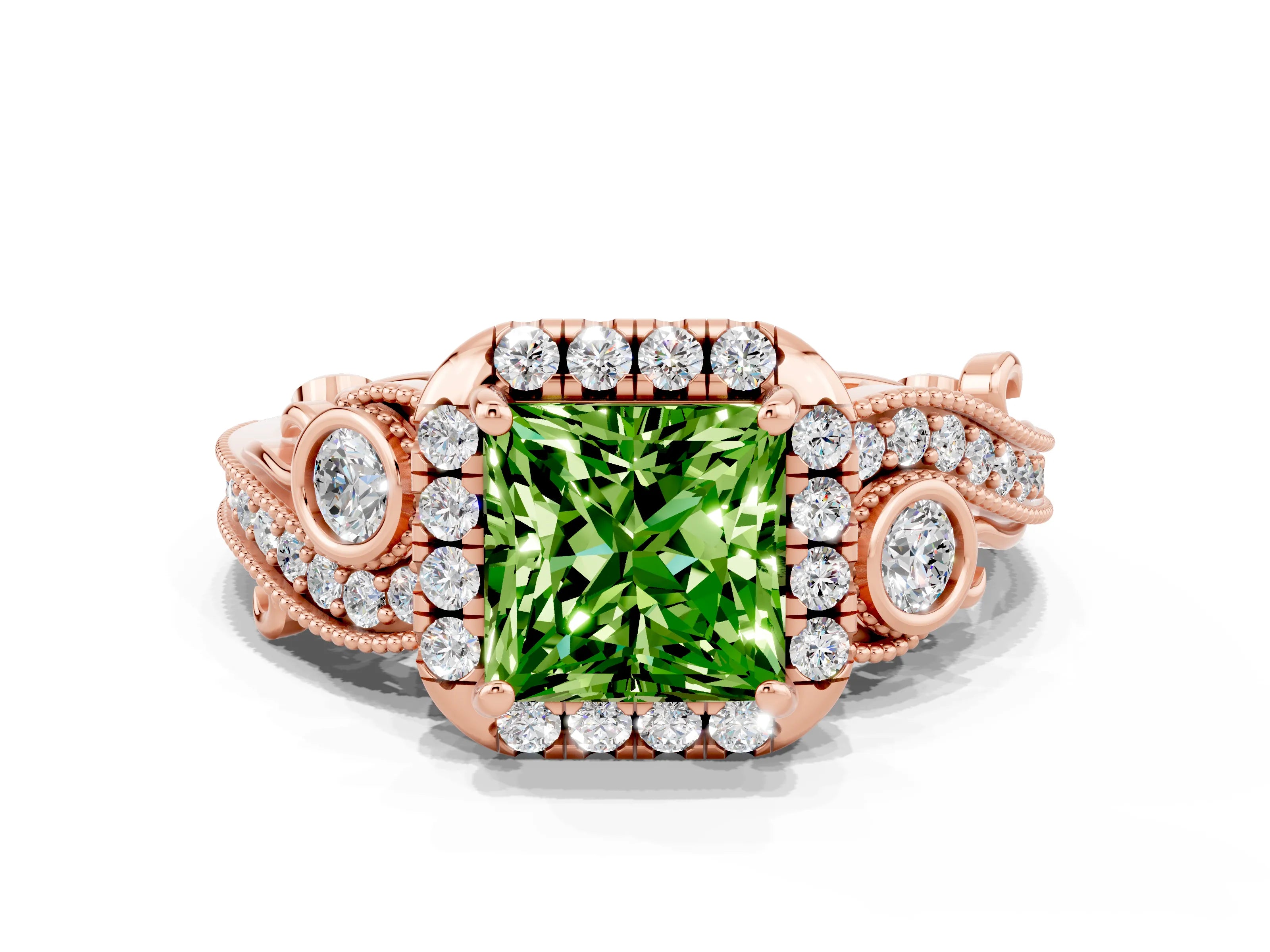 Rose gold Princess Cut Peridot Halo Ring with Milgrain Pavé Band and Four-Prong Setting_12