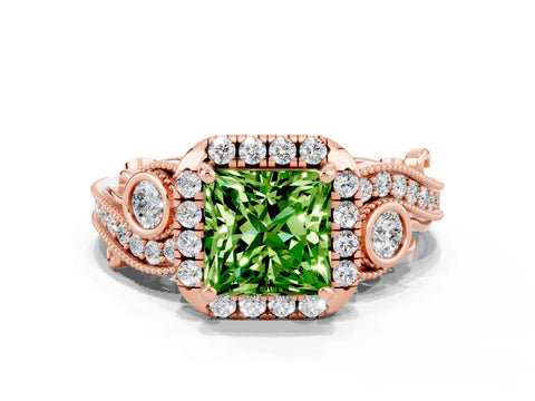 Rose gold Princess Cut Peridot Halo Ring with Milgrain Pavé Band and Four-Prong Setting_12