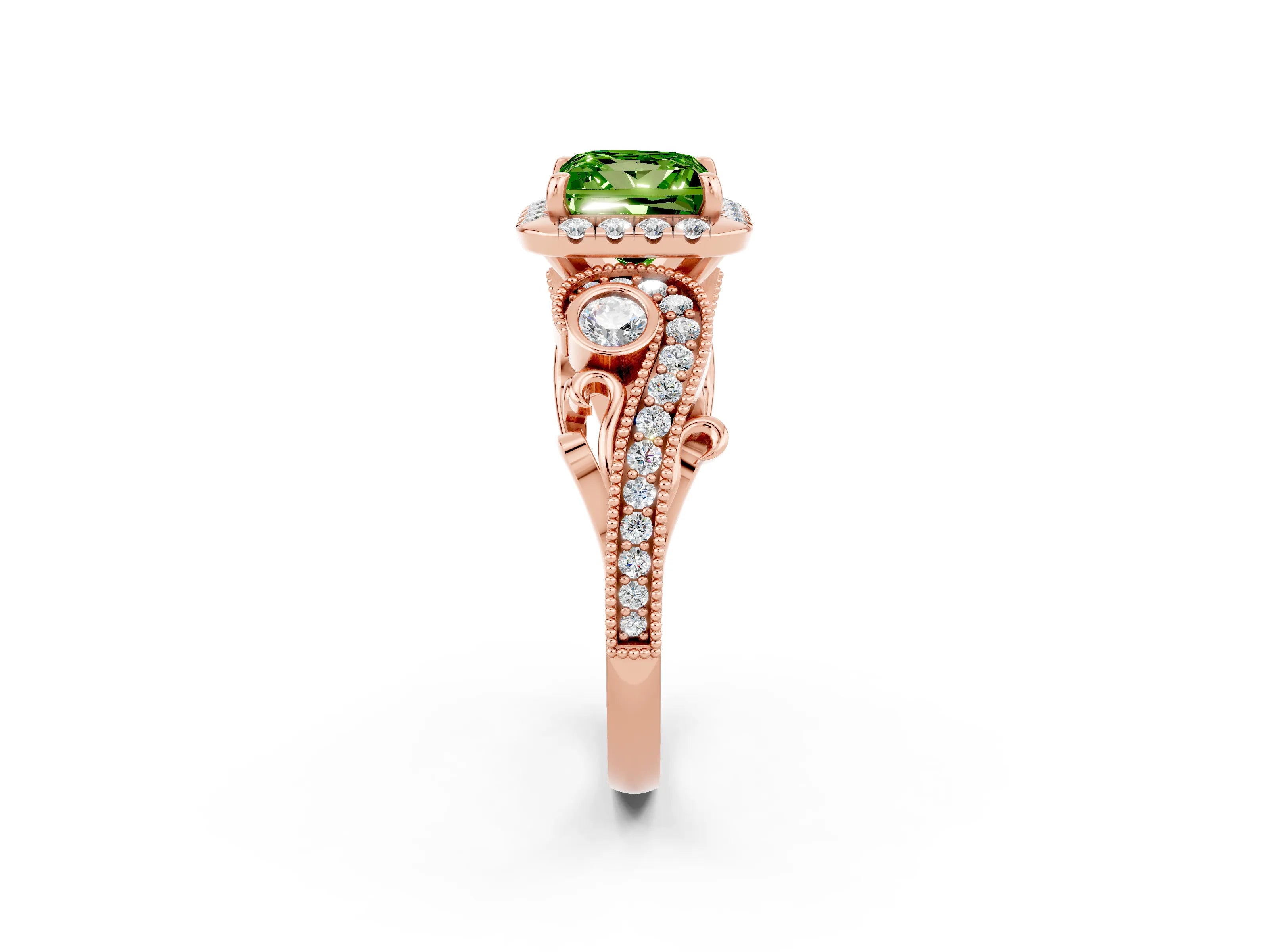Rose gold Princess Cut Peridot Halo Ring with Milgrain Pavé Band and Four-Prong Setting_14