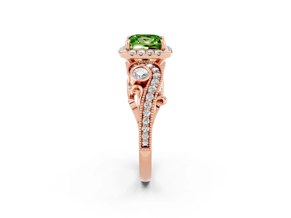 Rose gold Princess Cut Peridot Halo Ring with Milgrain Pavé Band and Four-Prong Setting