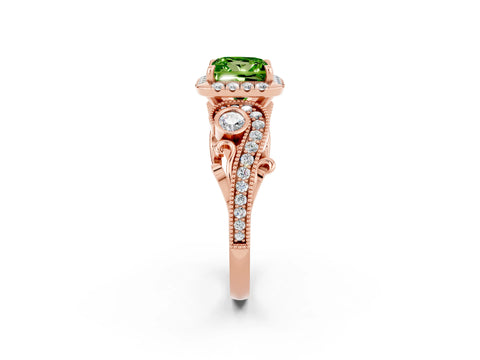 Rose gold Princess Cut Peridot Halo Ring with Milgrain Pavé Band and Four-Prong Setting_14