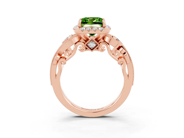 Rose gold Princess Cut Peridot Halo Ring with Milgrain Pavé Band and Four-Prong Setting