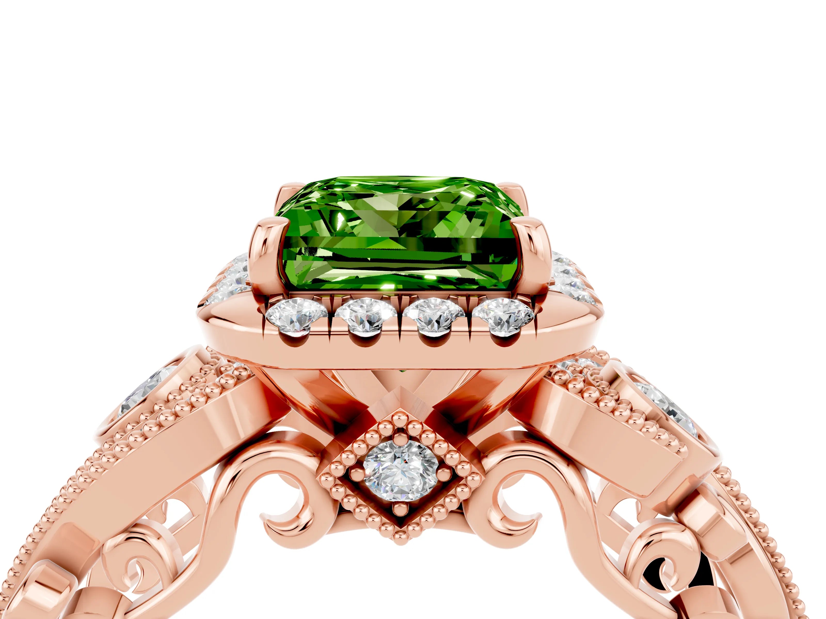 Rose gold Princess Cut Peridot Halo Ring with Milgrain Pavé Band and Four-Prong Setting_16