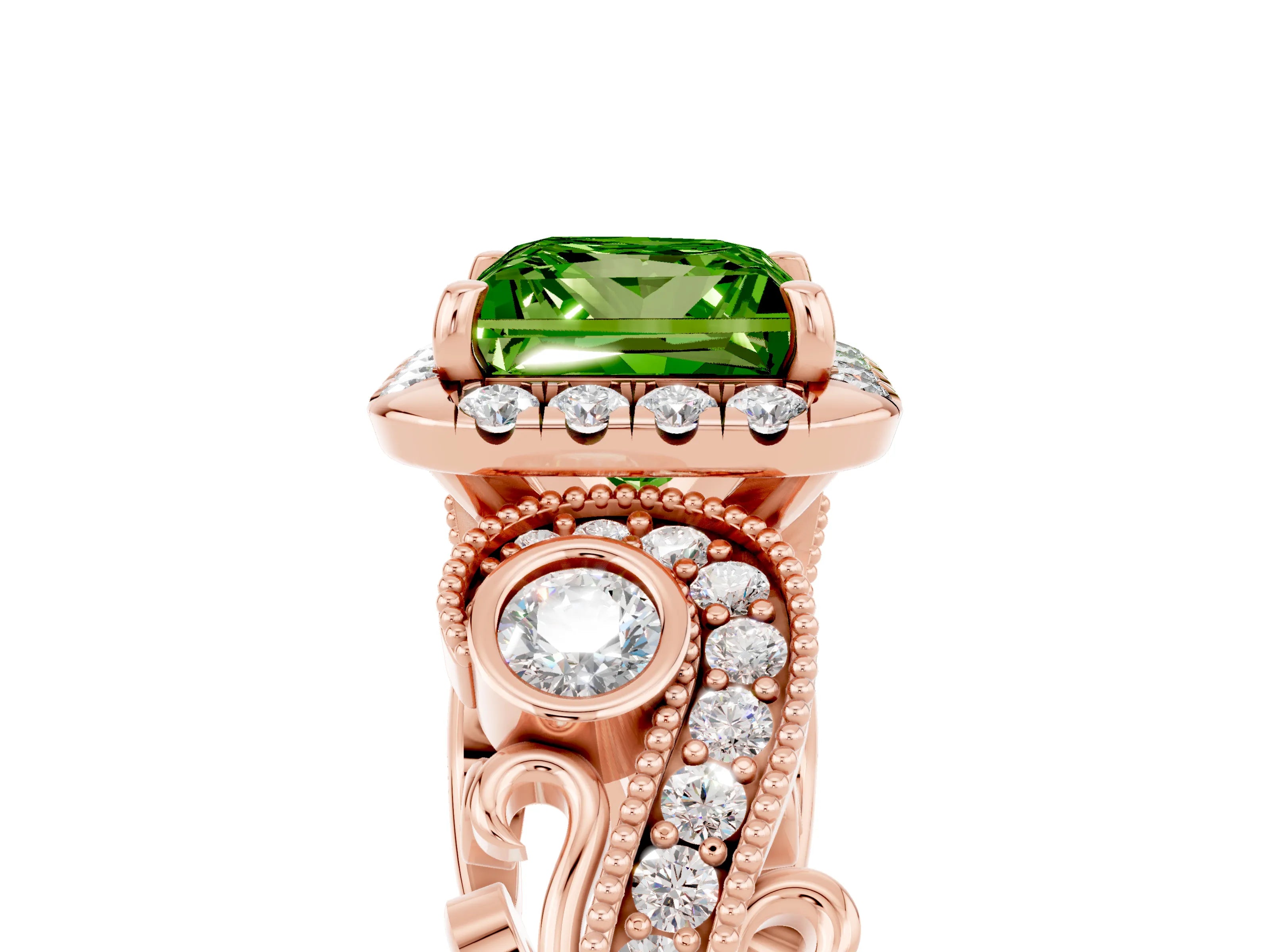 Rose gold Princess Cut Peridot Halo Ring with Milgrain Pavé Band and Four-Prong Setting_17