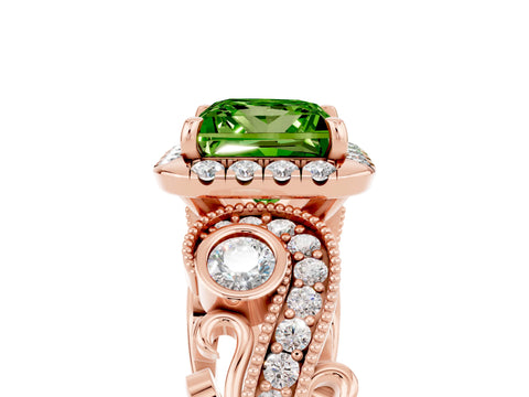 Rose gold Princess Cut Peridot Halo Ring with Milgrain Pavé Band and Four-Prong Setting_17