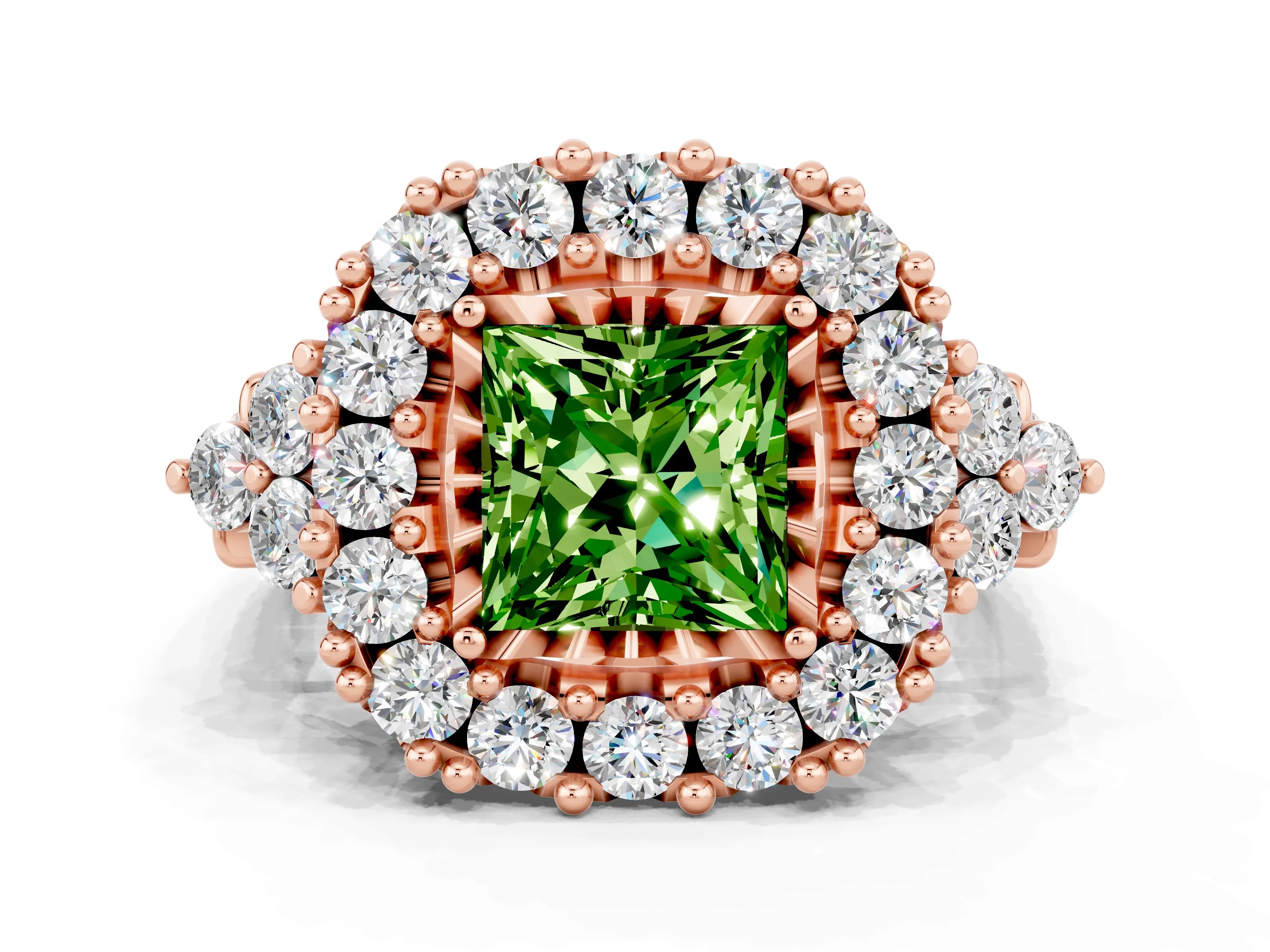 Rose gold Princess Cut Peridot Halo Ring with Pavé Band and Four-Prong Setting_12