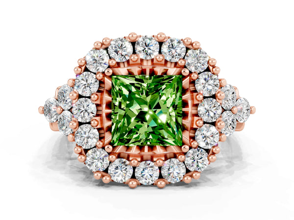 Rose gold Princess Cut Peridot Halo Ring with Pavé Band and Four-Prong Setting