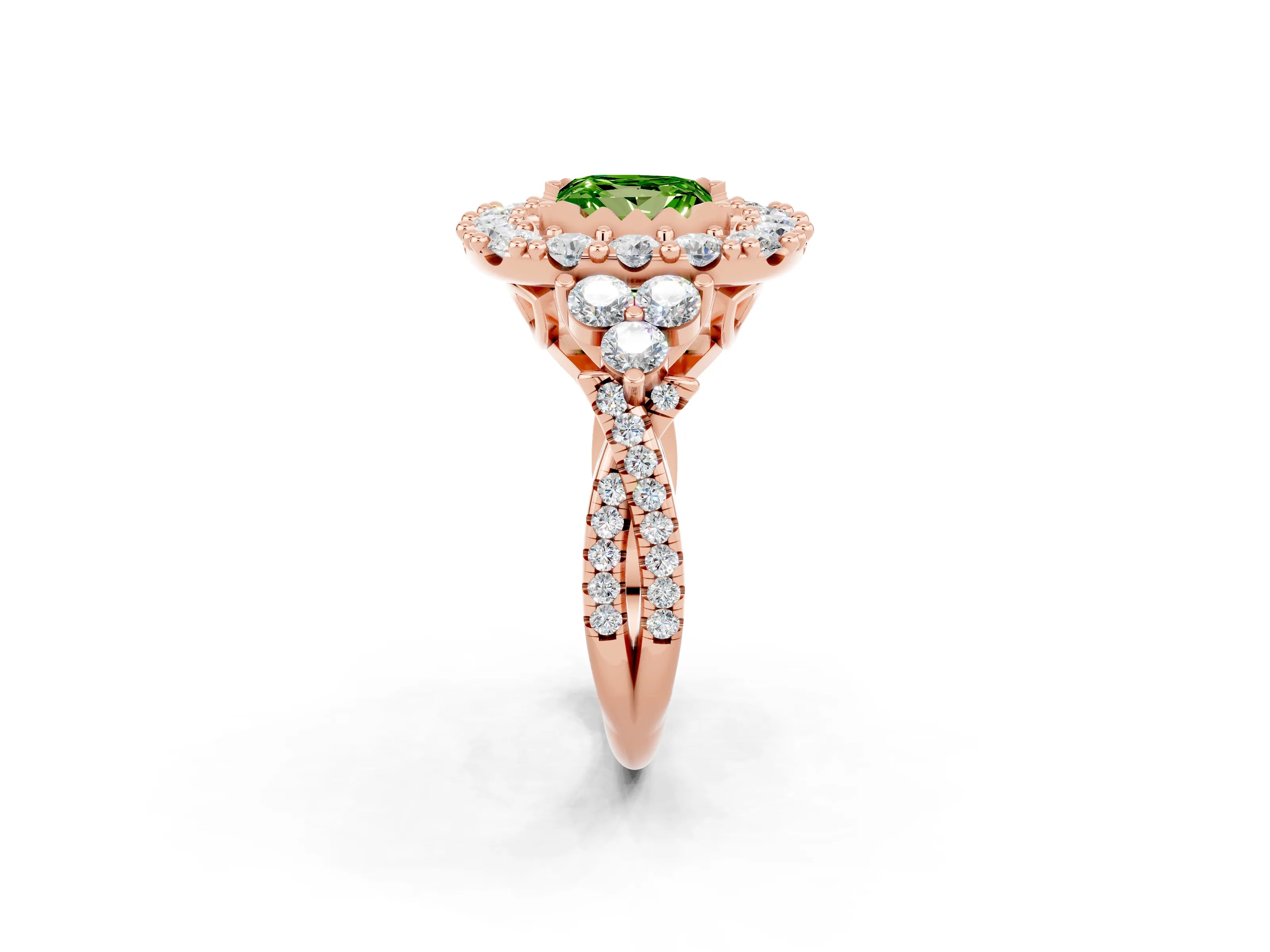 Rose gold Princess Cut Peridot Halo Ring with Pavé Band and Four-Prong Setting_14