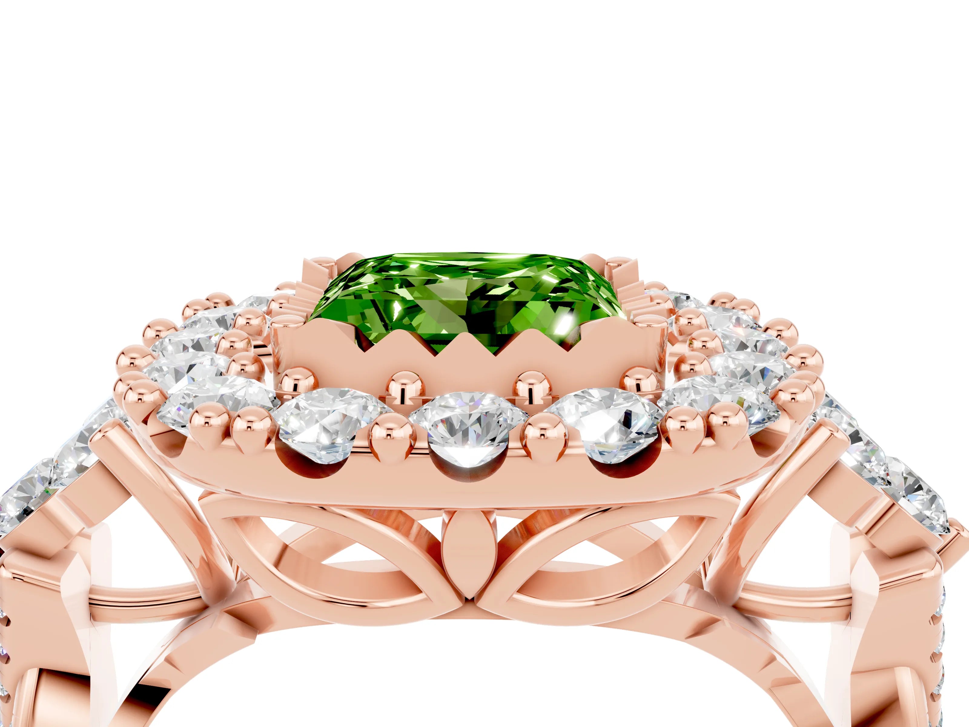 Rose gold Princess Cut Peridot Halo Ring with Pavé Band and Four-Prong Setting_16