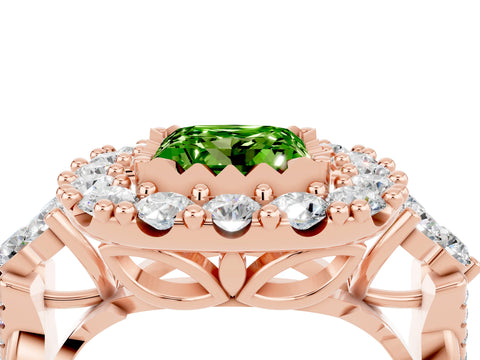 Rose gold Princess Cut Peridot Halo Ring with Pavé Band and Four-Prong Setting_16