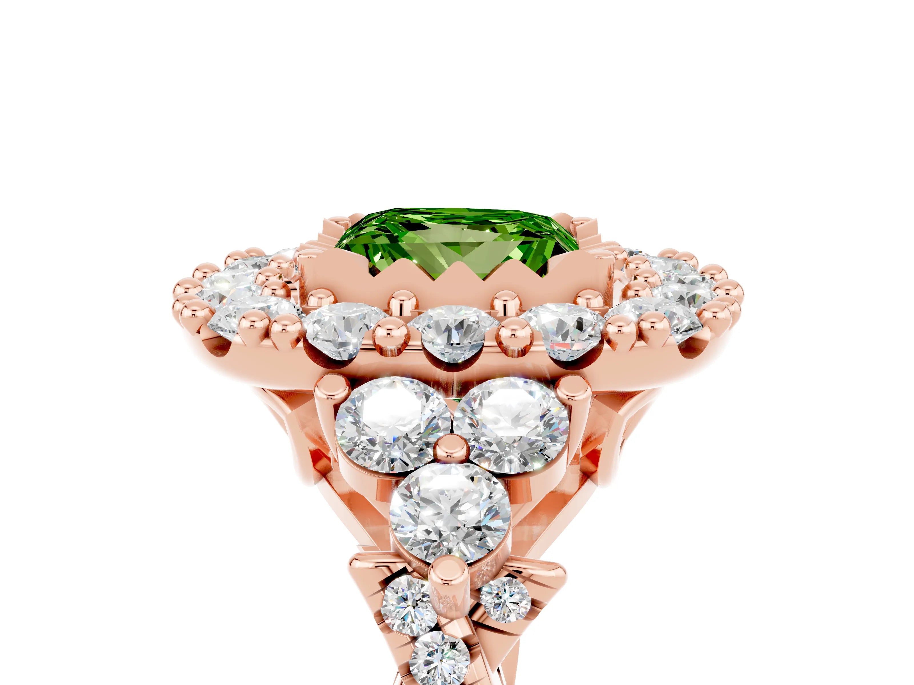 Rose gold Princess Cut Peridot Halo Ring with Pavé Band and Four-Prong Setting_17