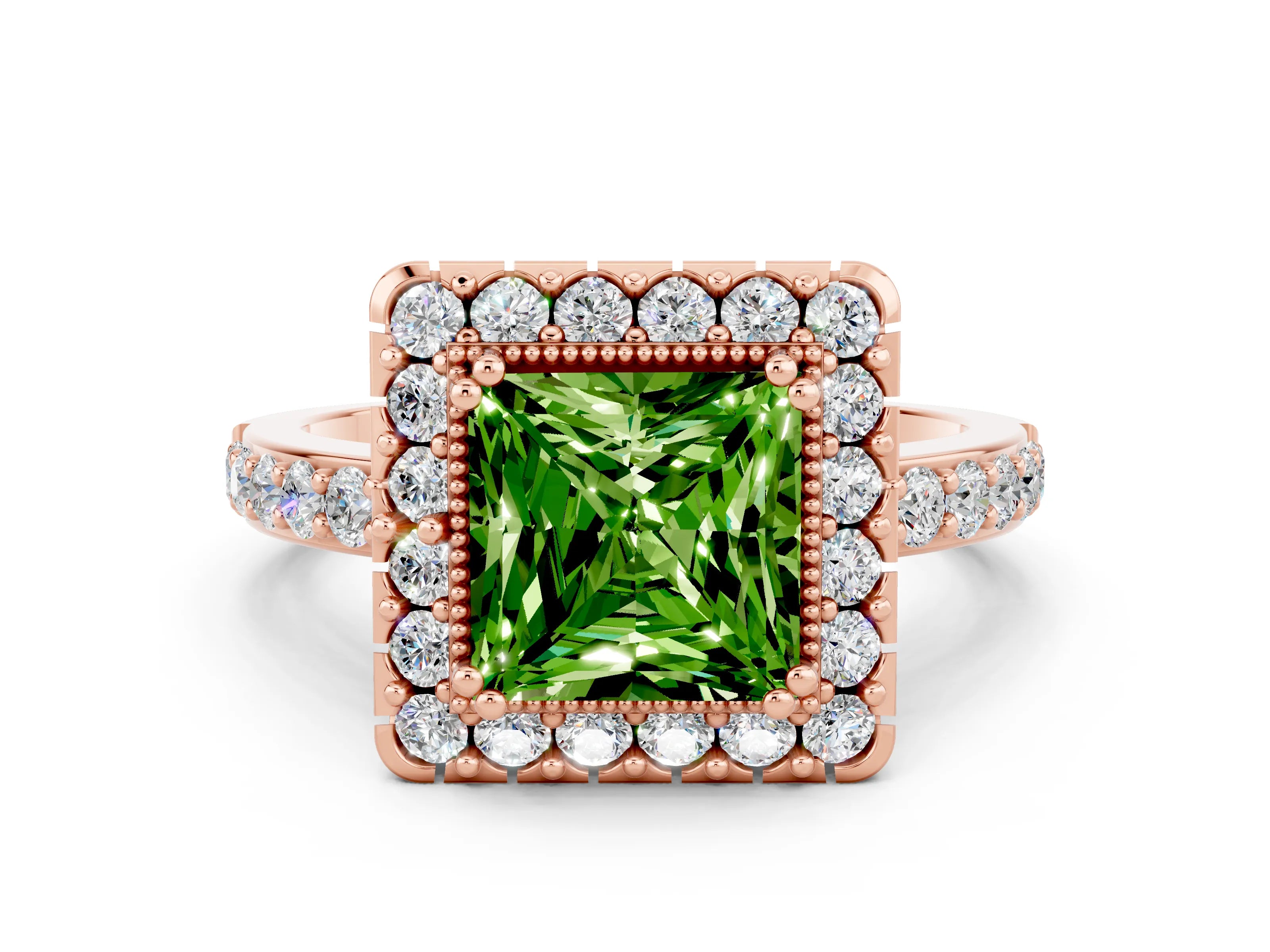 Rose gold Princess Cut Peridot Halo Ring with Pavé Band and Prong Setting