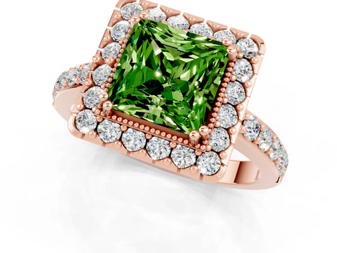 Rose gold Princess Cut Peridot Halo Ring with Pavé Band and Prong Setting_1