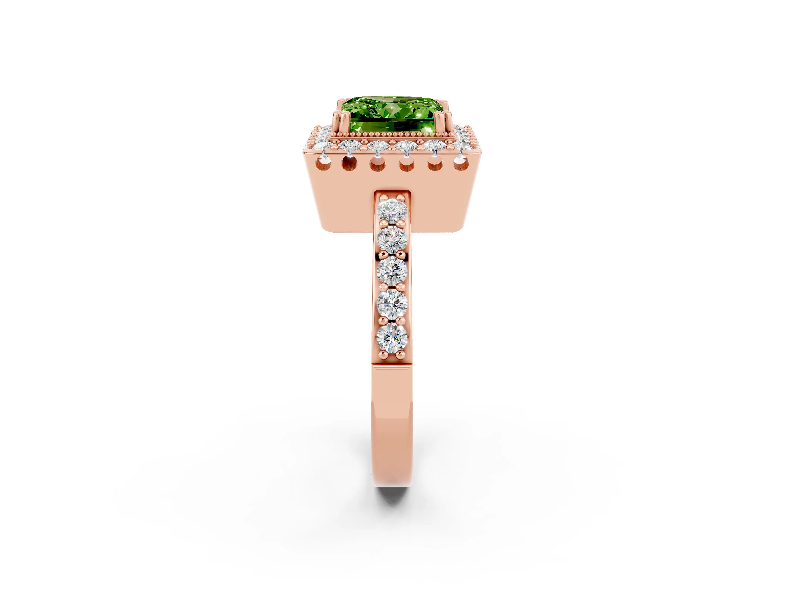Rose gold Princess Cut Peridot Halo Ring with Pavé Band and Prong Setting_2
